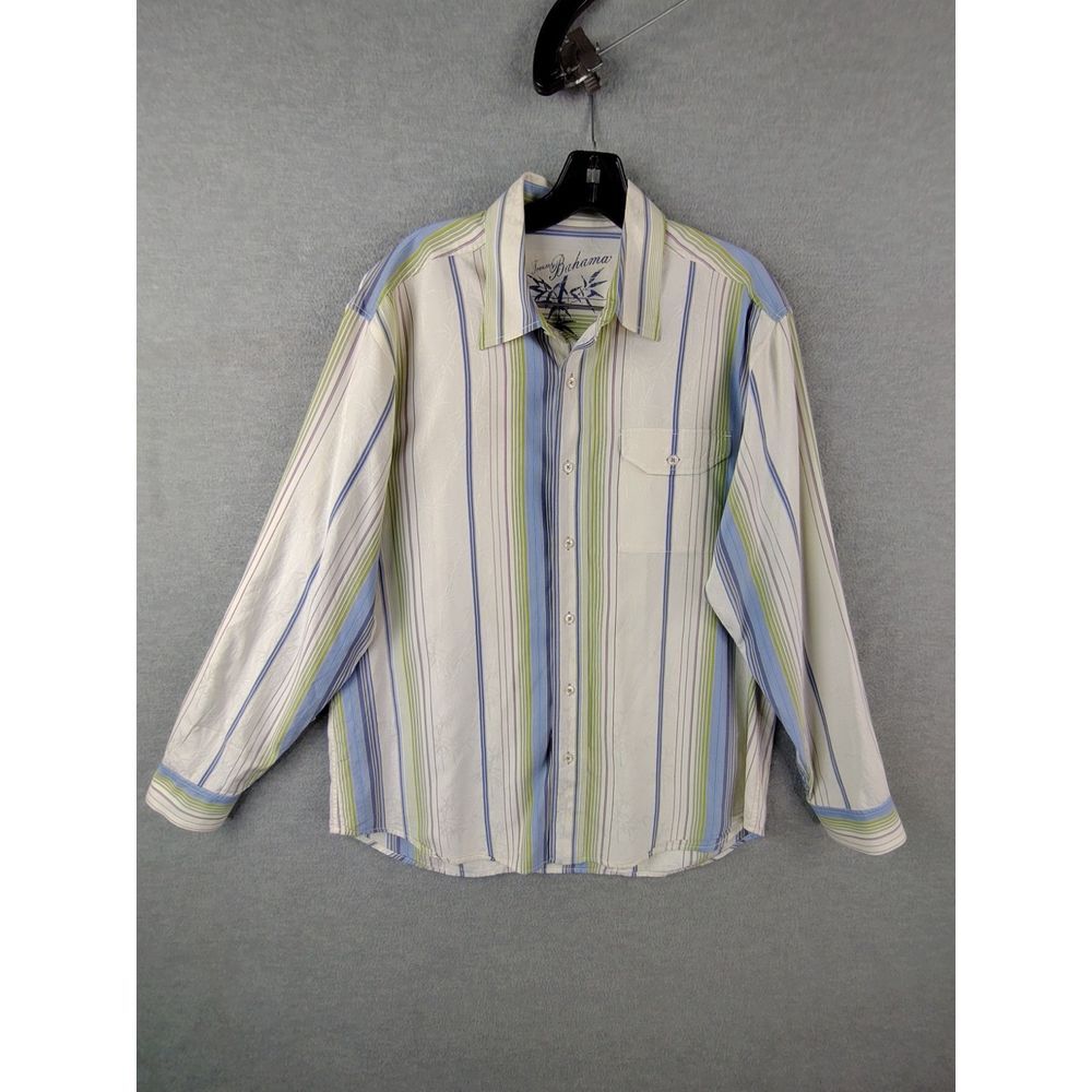 Tommy Bahama Mens Shirt Large Blue Green Stripe Silk Blend Button Up‎ Resort